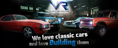 Velocity Restorations logo with vehicles